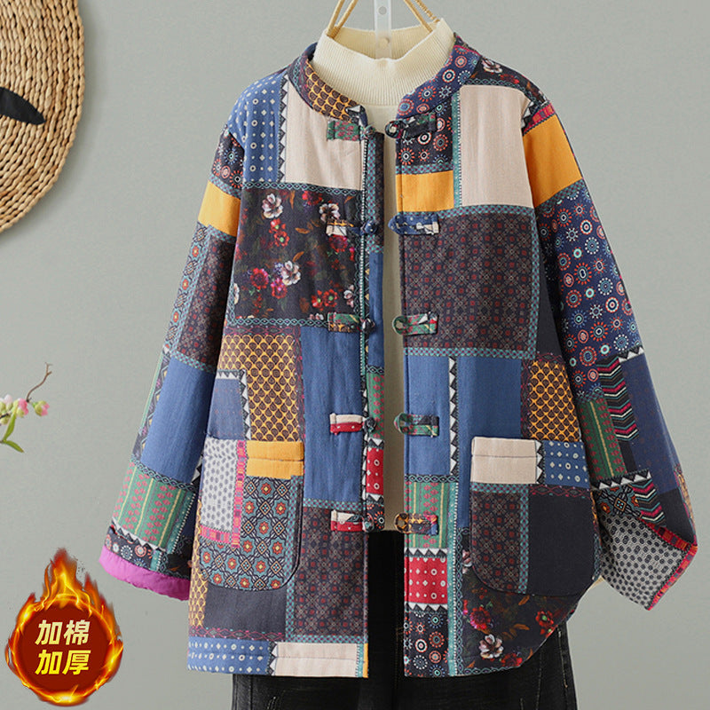 Printed new Chinese style floral cotton clothes women's 2025 new winter buckle cotton jacket