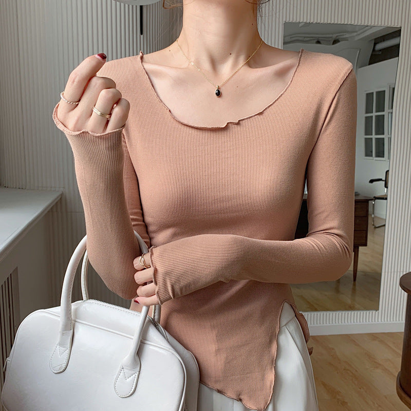 Selection of high elastic threaded cotton curled irregular slit T-shirt women's long-sleeved 2026 autumn new tight bottoming shirt