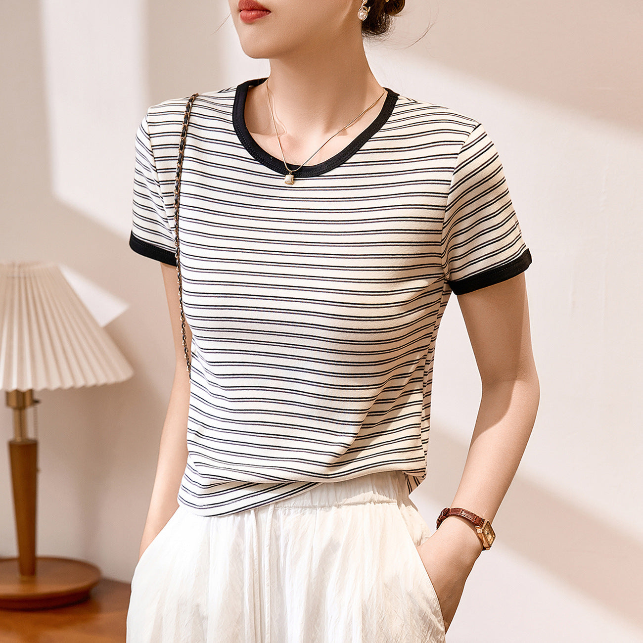 #Combed pure cotton #foreign style striped t-shirt women's short sleeve 2026 summer new color matching round neck simple versatile top
