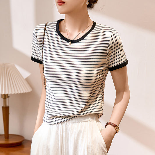 #Combed pure cotton #foreign style striped t-shirt women's short sleeve 2026 summer new color matching round neck simple versatile top