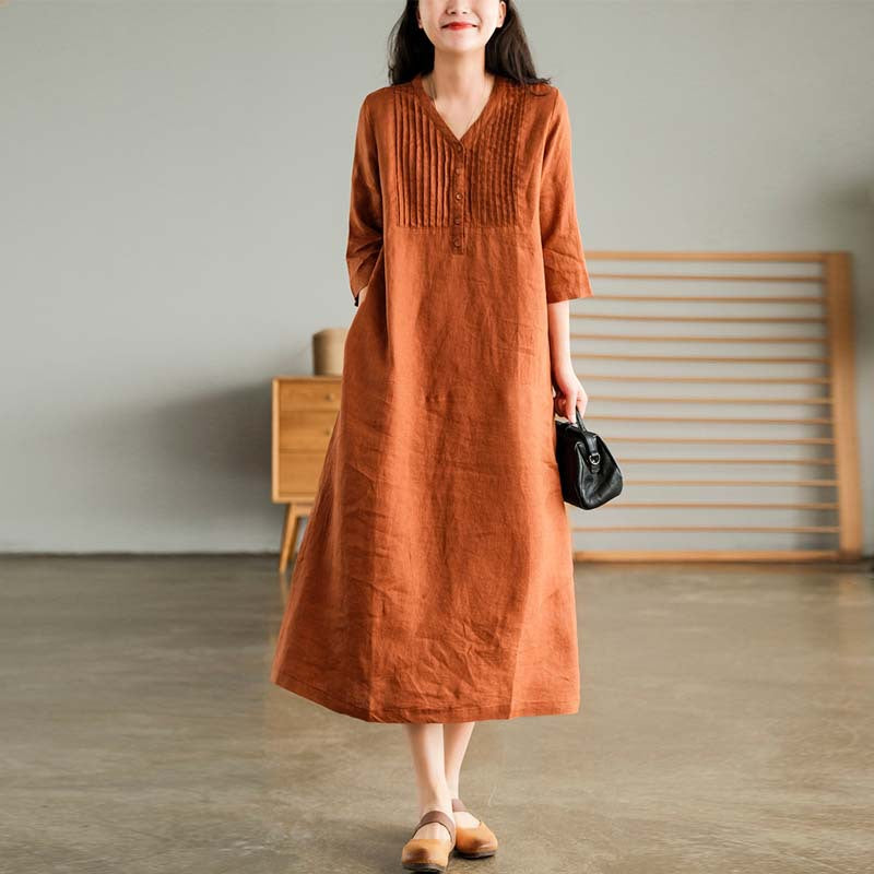 2024 summer new literary loose splicing solid color cotton and linen V-neck five-quarter sleeve dress women's medium and long 9880 #