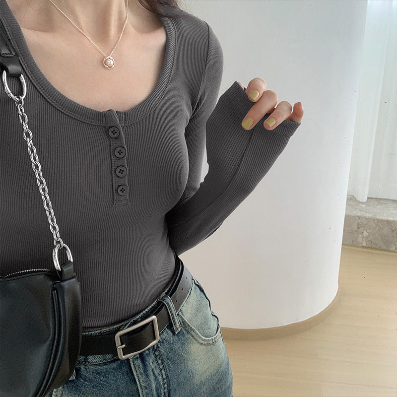 Selection of high elastic threaded button bottoming shirt 2026 autumn new front shoulder long sleeve T-shirt women's slim slim top