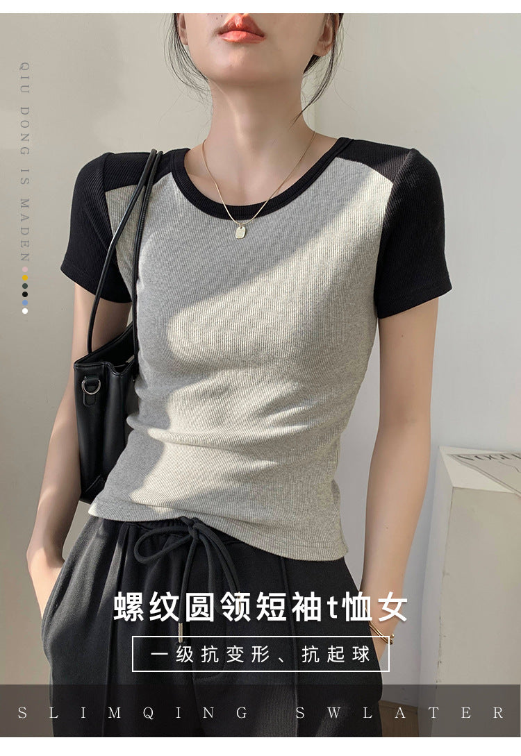 Excellent cotton splicing short-sleeved T-shirt women's summer foreign style design sense 2026 new slim-fitting and thin versatile bottoming shirt top