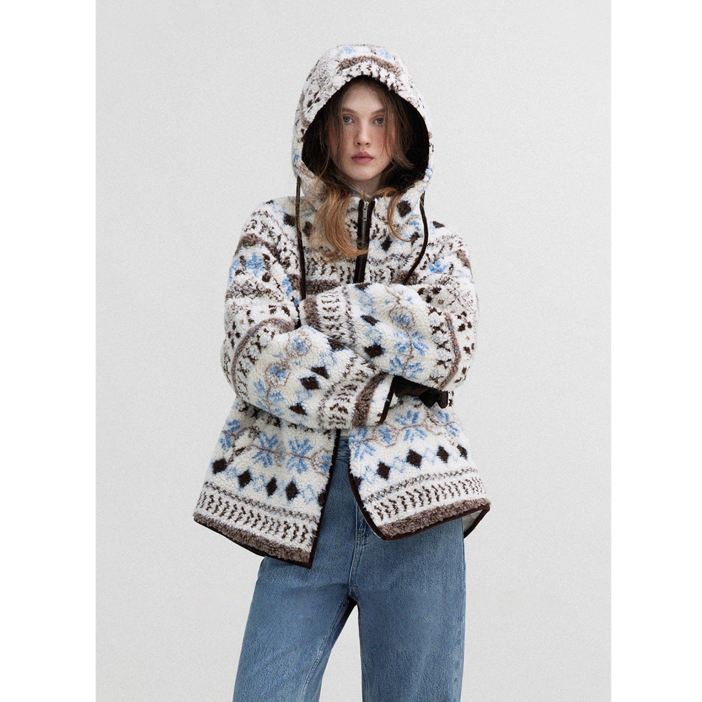 Snowy glacier snowman pattern Fair Island imitation lamb wool cotton jacket padded cotton jacket women's winter