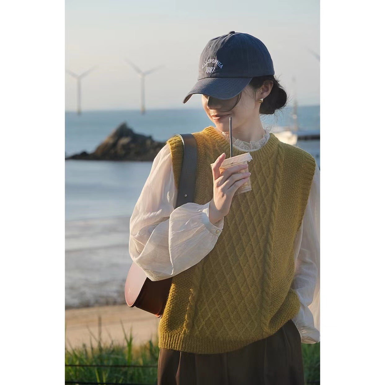 Ramesse | Autumn Wheat, Rhombus Twist Vintage Knitted Vest, Crew Neck Sweater Vest, Yellow/Apricot