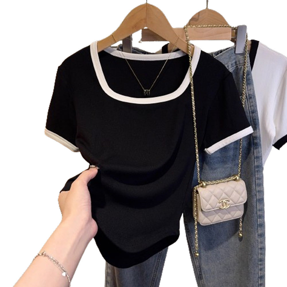 Threaded Versatile Shoulder Square Neck Arc Pendulum Short Sleeve T-Shirt Women's Summer Contrast Color Skinny Bottom Shirt Short Top