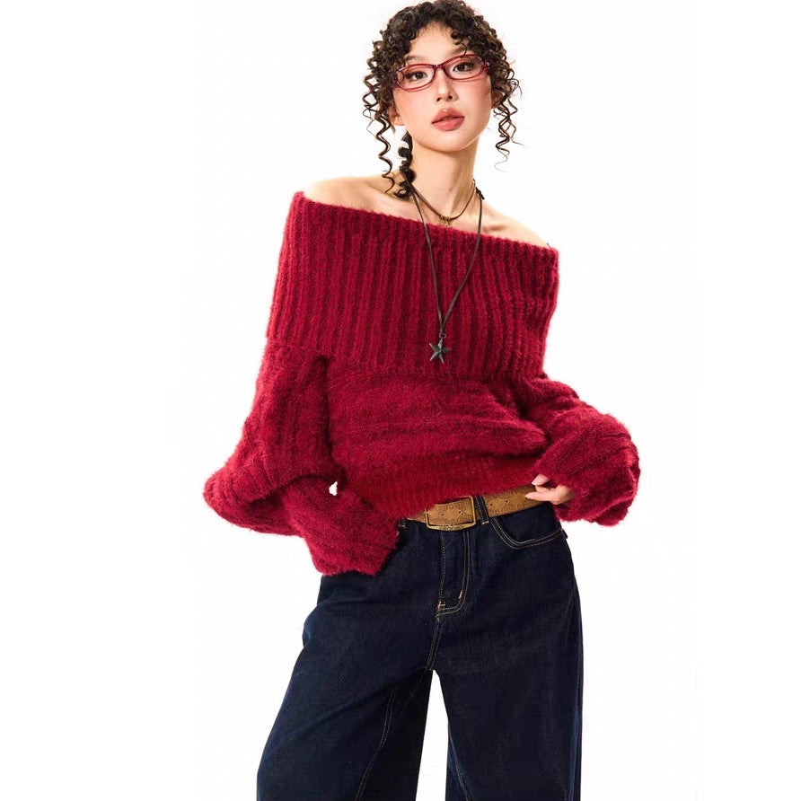 YOUNG Ankola Red Atmosphere Red Sweater Women's Winter Retro Spice Girl Short Shoulder Top