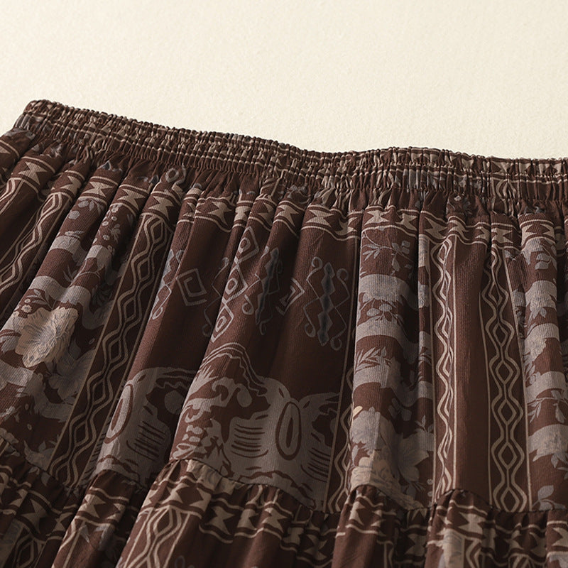 Real shot 2025 summer new loose literary and ethnic style floral elastic waist cake skirt skirt women