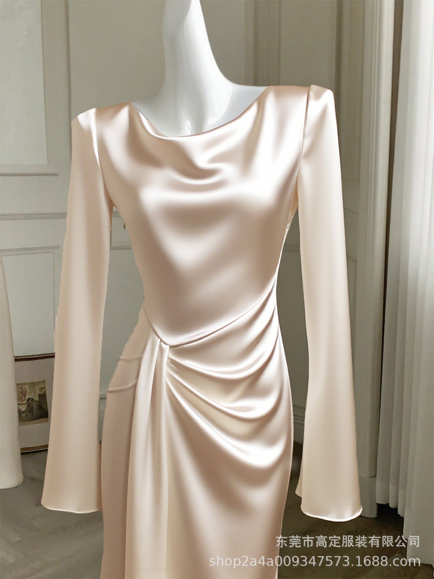 Haute couture imported acetic acid, French swingneck horn long-sleeved satin dress lace-up asymmetrical pleated high-end skirt