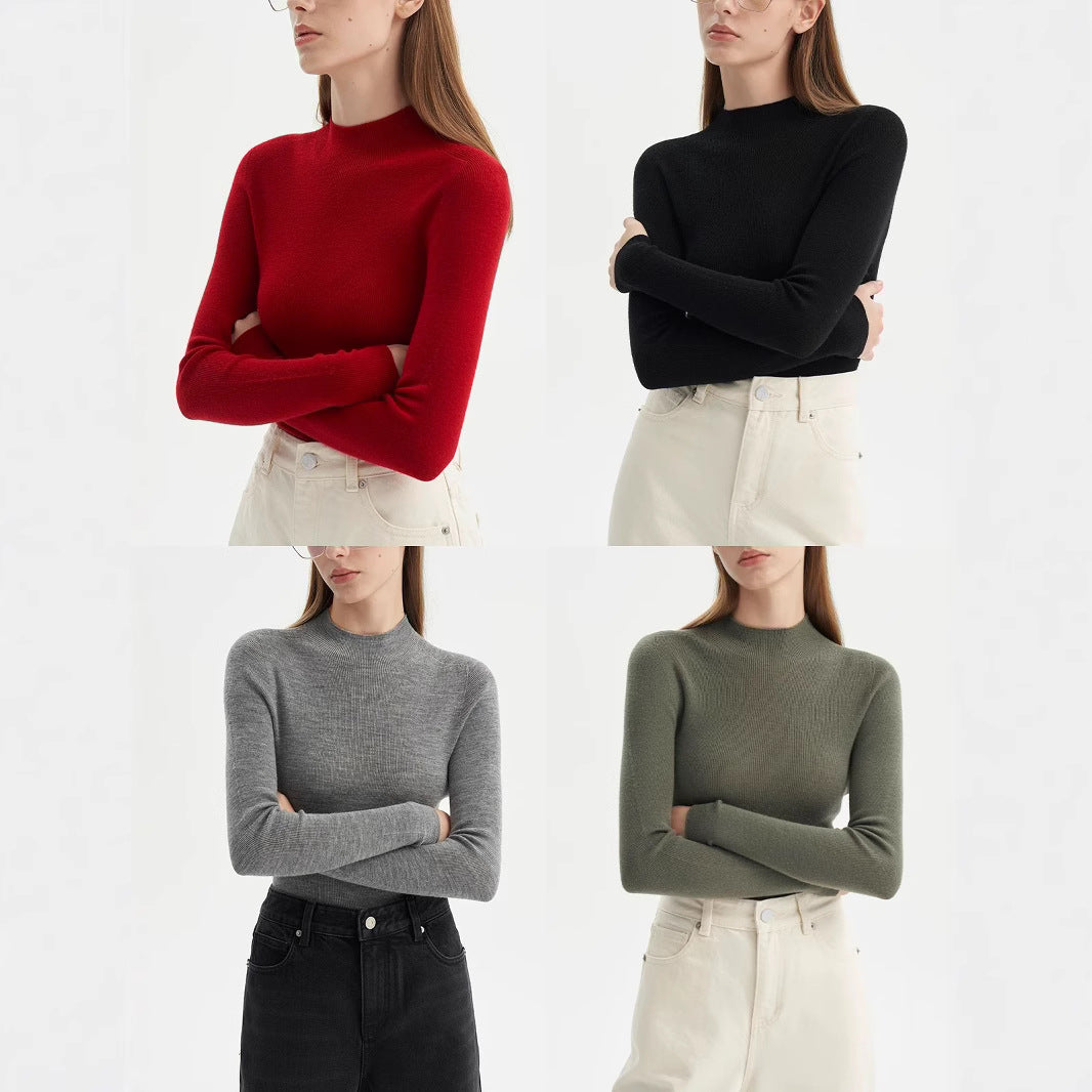 SHALLOW STREAMS Seamless all-in-one red wool sweater, semi-turtleneck sweater women's autumn and winter bottoming shirt top