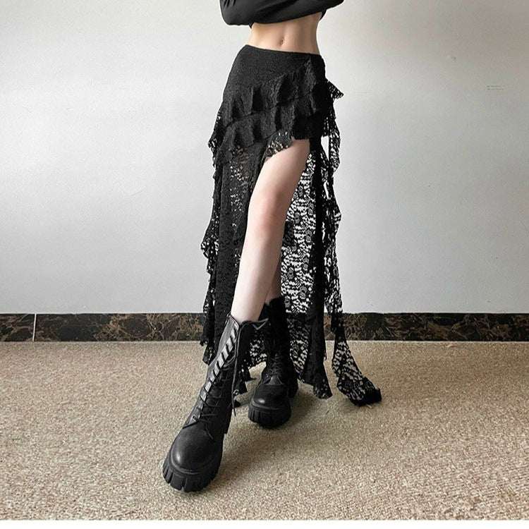 Lace streamer irregular skirt women's summer stacked ruffle edge hem skirt curtain diagonal edge solid color mesh skirt