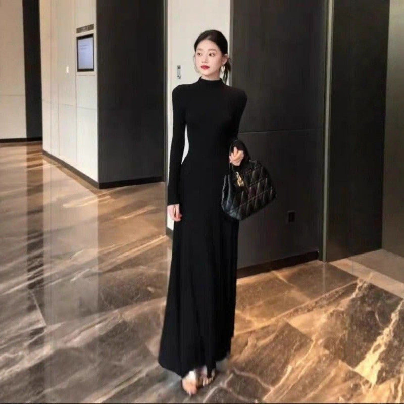 French high-end black long-sleeved dress 2025 autumn and winter new slim-fitting and thin semi-turtleneck bottomed knitted skirt