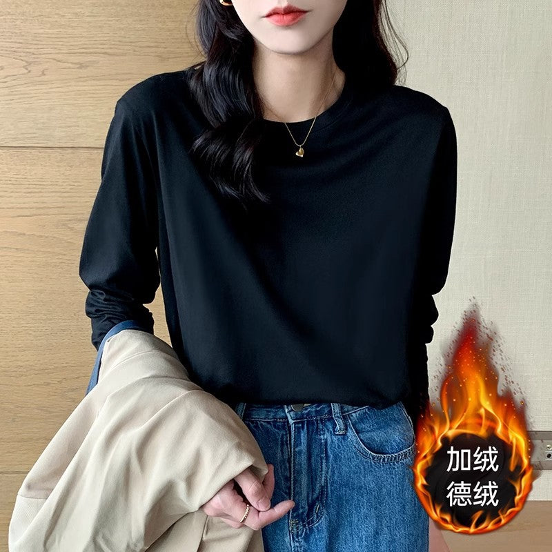 Double-sided German velvet velvet thickened bottoming shirt women's autumn and winter long-sleeved T-shirt foreign style warm loose white inner top