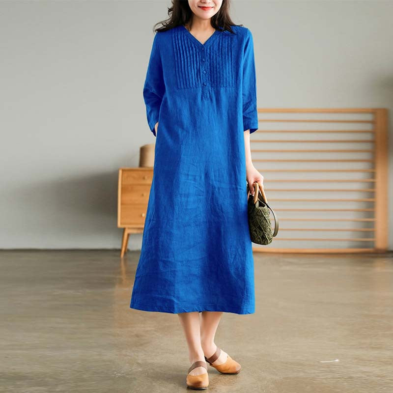 2024 summer new literary loose splicing solid color cotton and linen V-neck five-quarter sleeve dress women's medium and long 9880 #