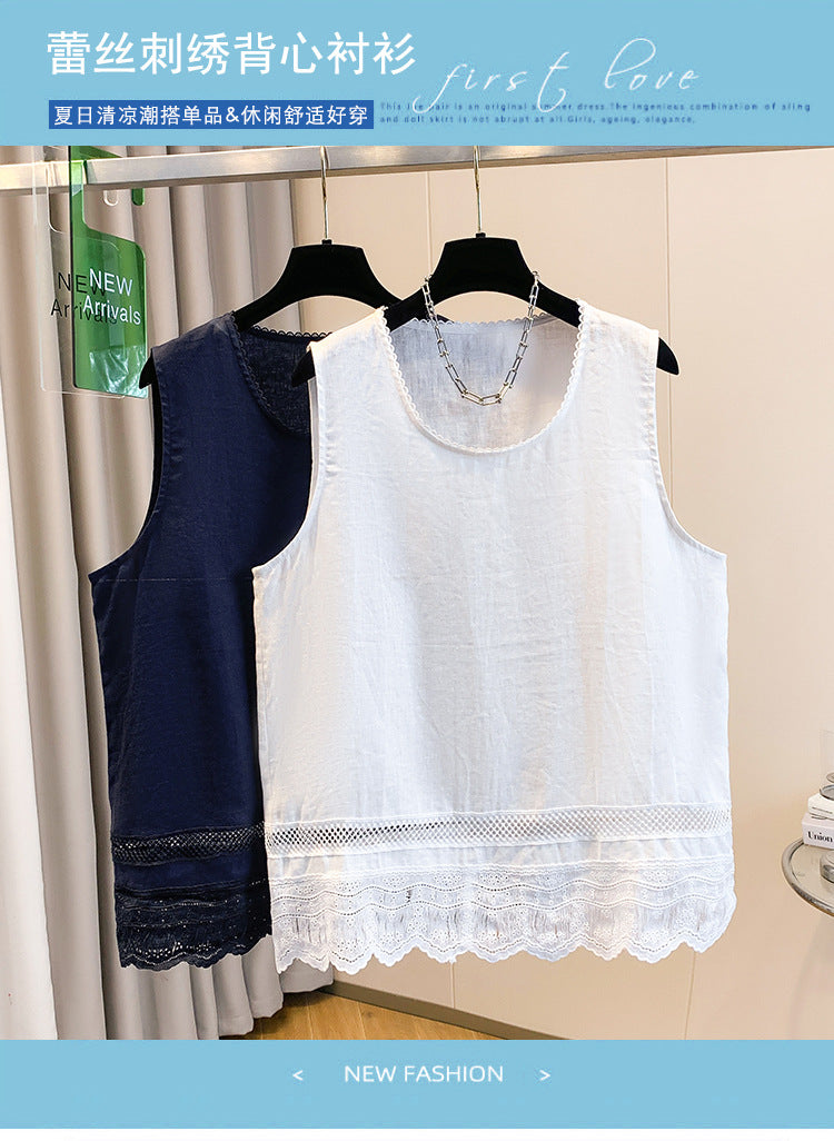 Real shot 2025 summer thin lace lace round neck wear sleeveless vest shirt top T-shirt women