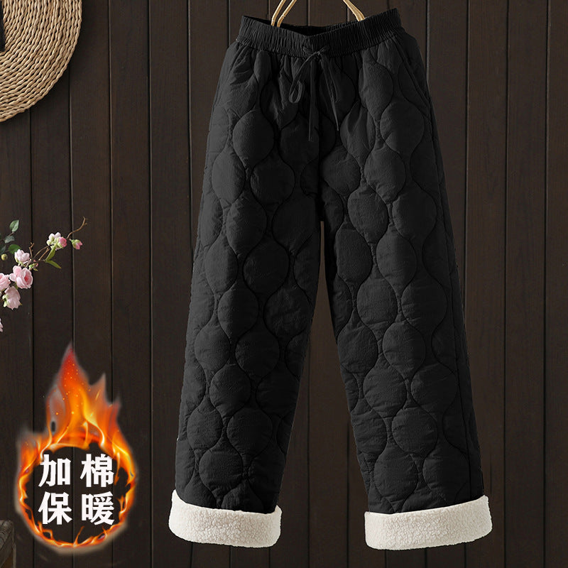 Real shot cotton pants women's autumn and winter 2025 new warm fleece thickened fleece outer wear wide-leg pants