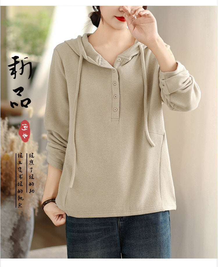 Real shot 2025 autumn new German velvet thermal hooded solid color loose long-sleeved sweater women