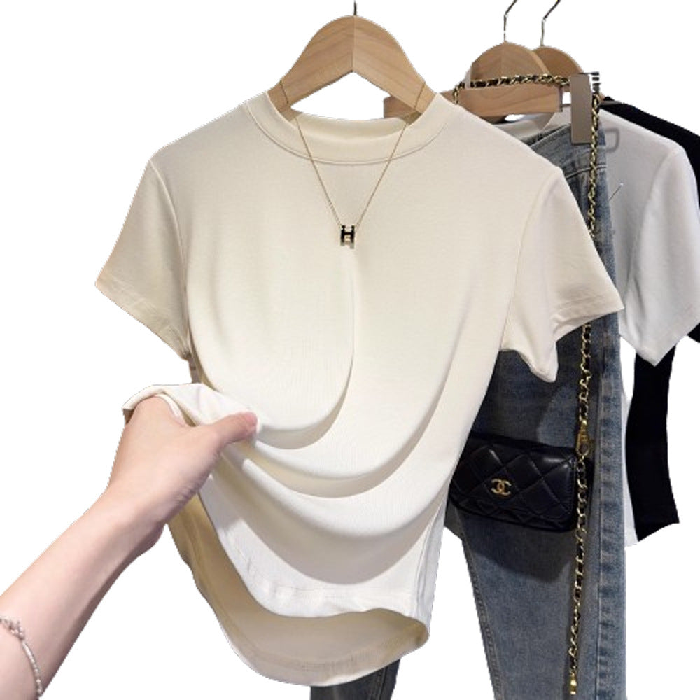 Summer short-sleeved T-shirt women's apricot small stand-up collar front shoulder curved hem slim-fitting American Spice Girl top bottoming shirt tide