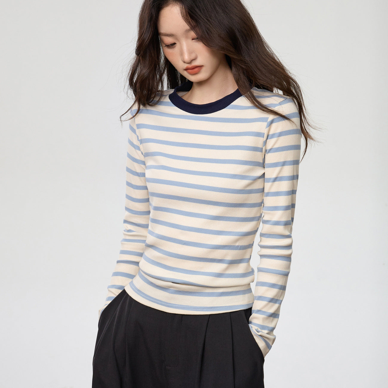 #Selection of pure cotton #Contrasting striped round neck long-sleeved T-shirt women's 2026 autumn and winter new slim-fitting and thin bottoming top