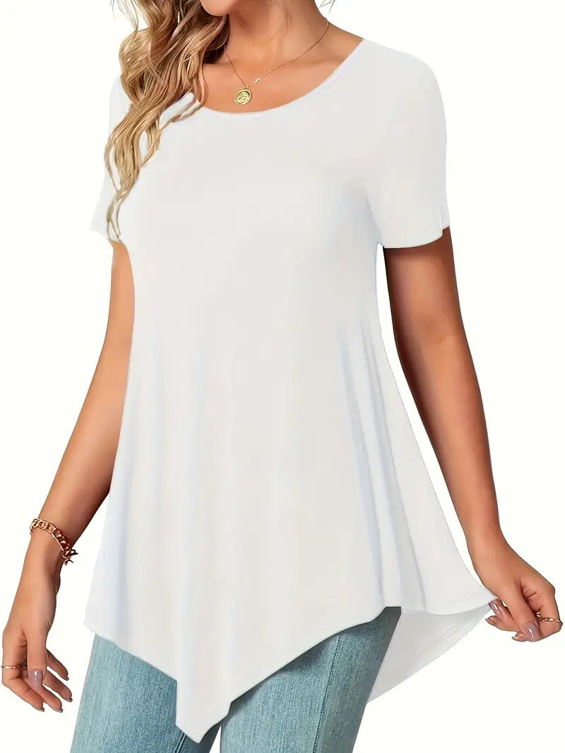 2025 Amazon popular European and American large size loose crew neck top irregular hem women's short-sleeved T-shirt