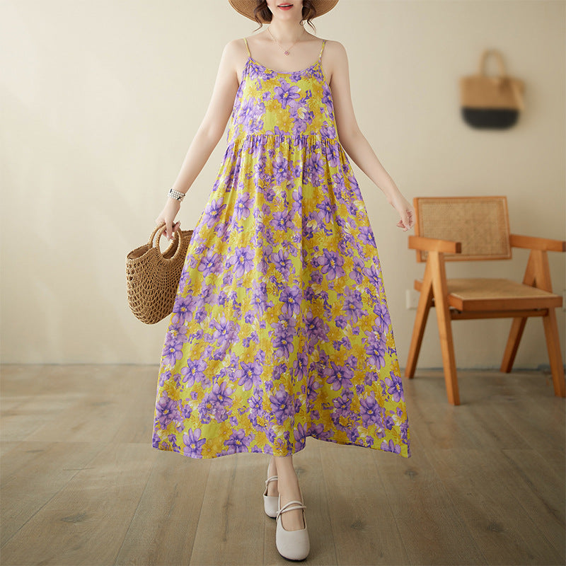 In the summer of 2024, the new literary and retro pastoral fairy beach dress pullover sleeveless suspender dress women