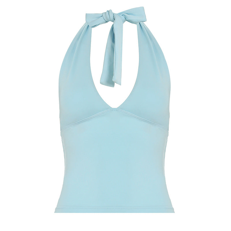 Cross-border European and American women's clothing triangle deep V sexy babes tight halter solid color neck sling vest top summer
