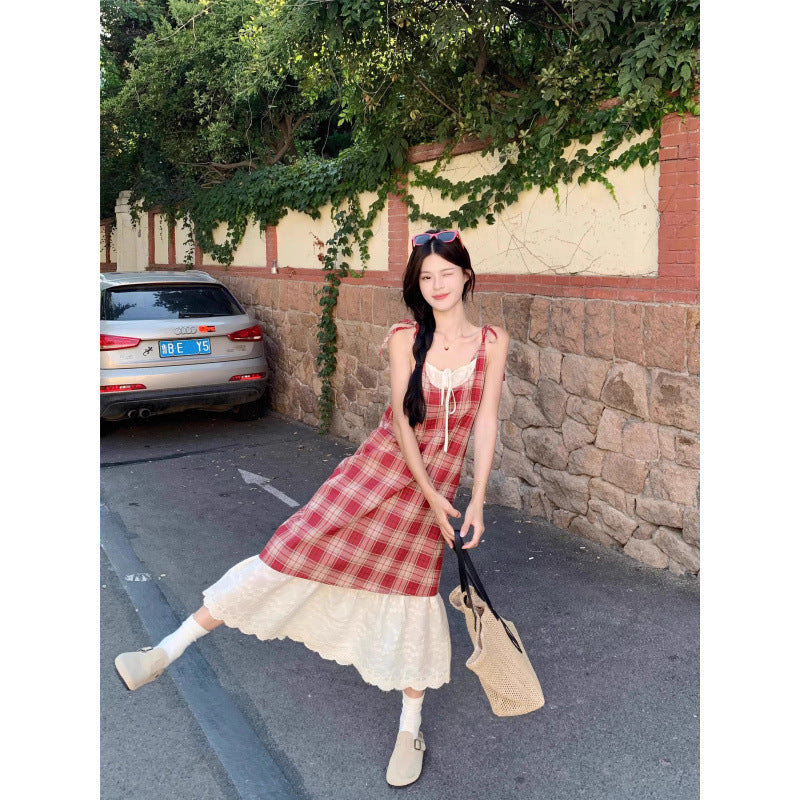 Red fake two-piece plaid lace suspender dress women's summer seaside vacation long skirt