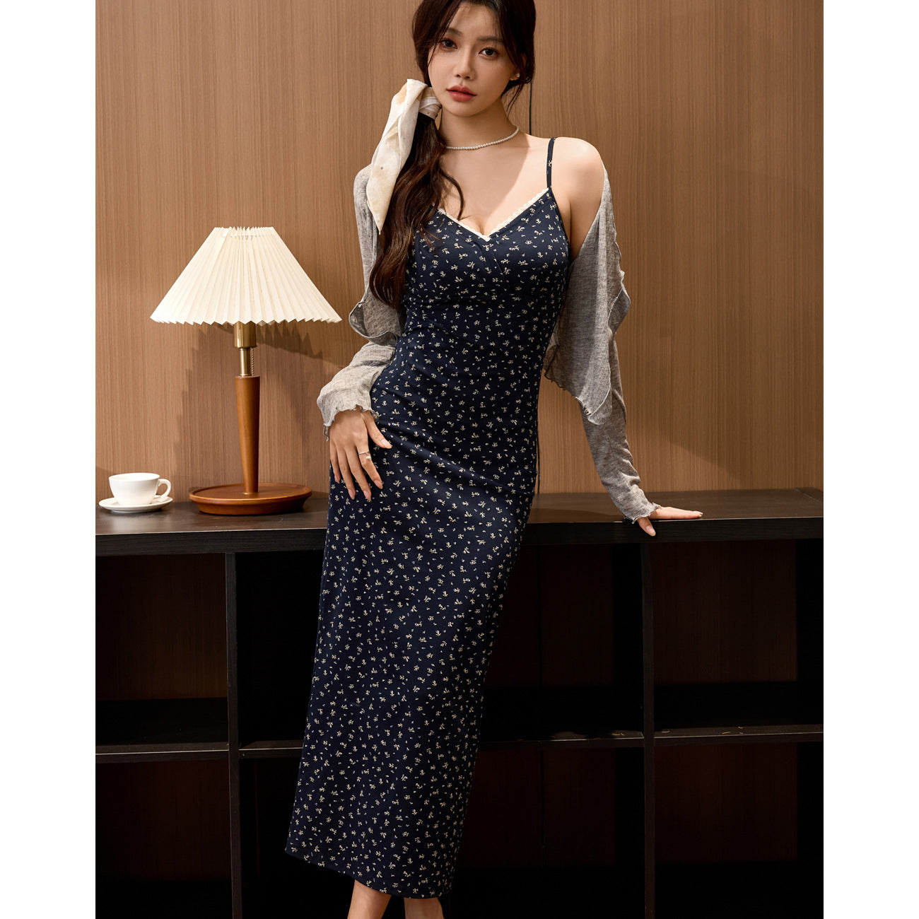 #260g精梳纯棉# 碎花蕾丝花边V领吊带连衣裙女夏新款开衩显瘦长裙