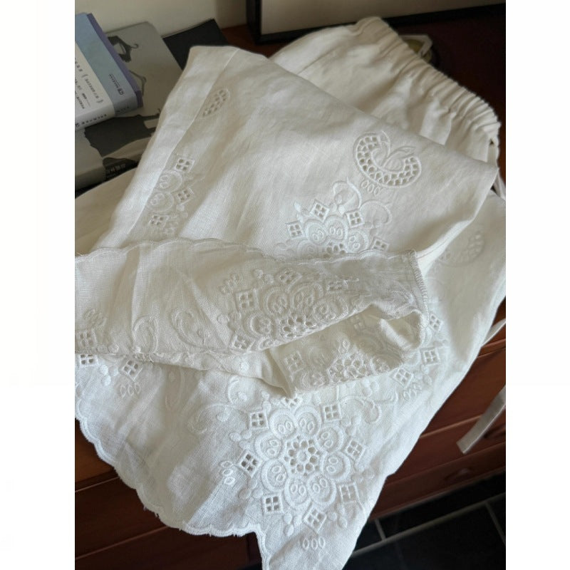 Lazy wind white hollow embroidered linen wide-leg pants women's 2025 new design versatile and thin cotton and linen pants