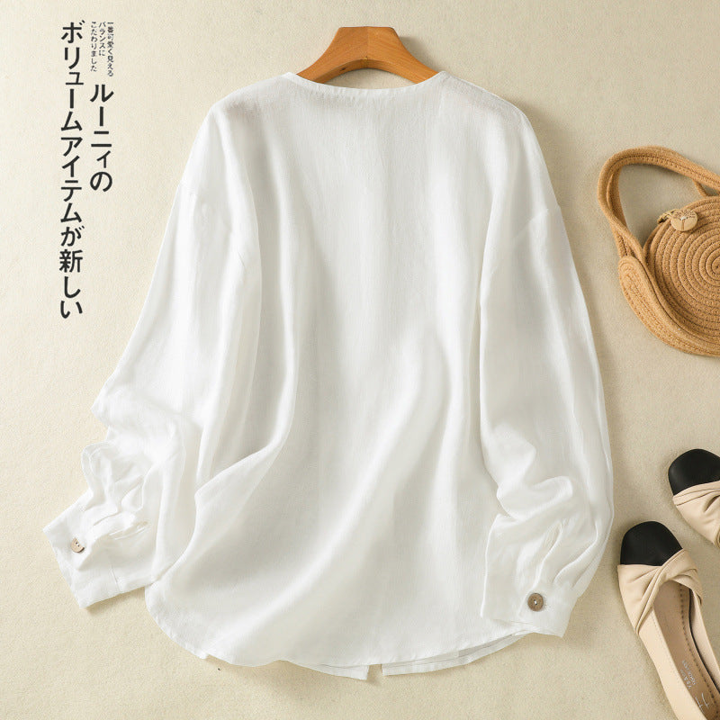 Real shot 2025 spring new literary loose solid color V-neck long-sleeved shirt women's shirt top #5859