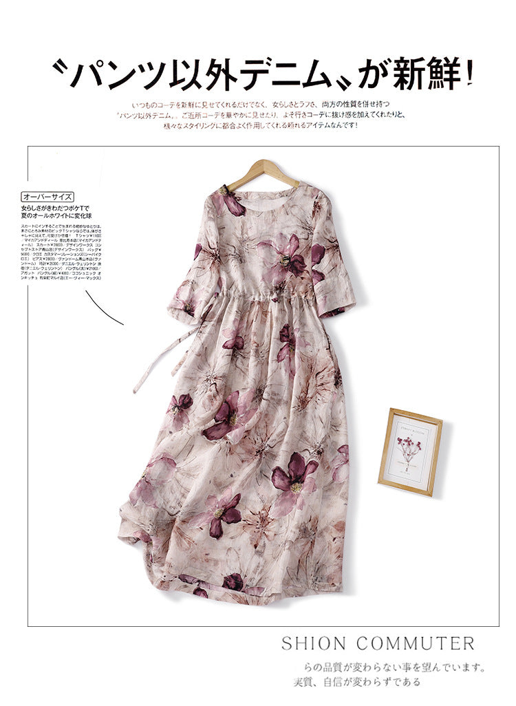 Real shot 2025 summer new literary loose printing round neck five-quarter sleeve dress women's waist medium and long 9020