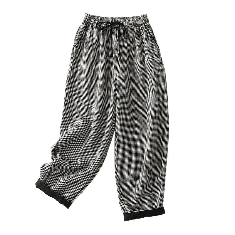 Real shot 2025 summer new casual loose cotton and linen plaid elastic waist Harlan pants nine-point pants women's #2615