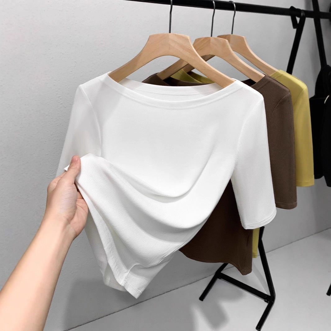Medium-sleeved t-shirt women's 2025 new women's clothing solid-color threaded half-sleeved t-shirt temperament one-word shoulder elastic waist top