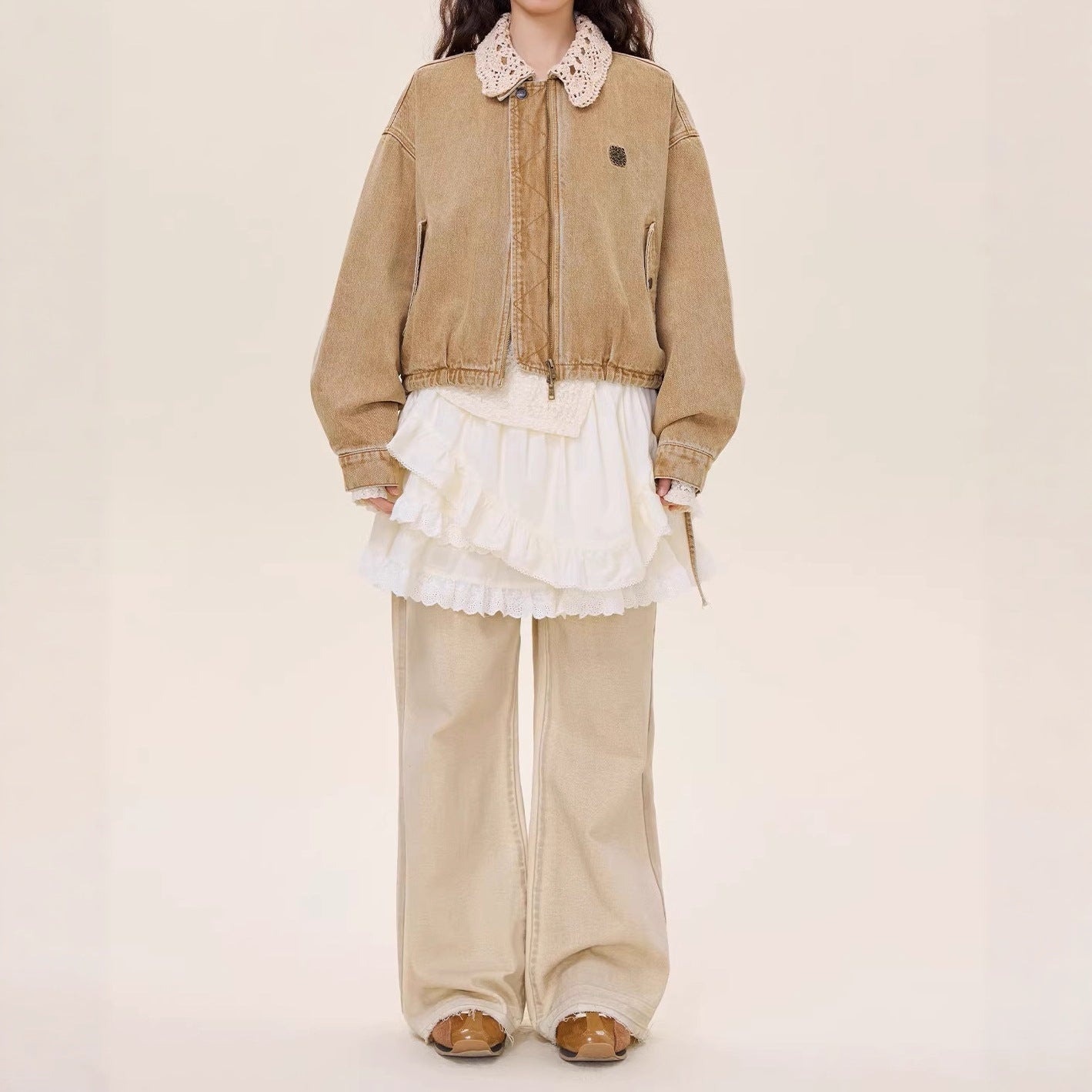 Bud hem detachable knitted collar denim jacket romantic lace daughter wind 25 autumn