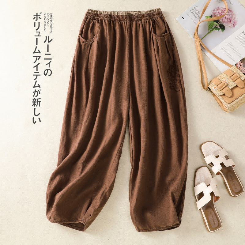 Real shot 2025 summer large size literary and retro cotton and linen embroidered bloomers color matching elastic waist loose Harlan pants