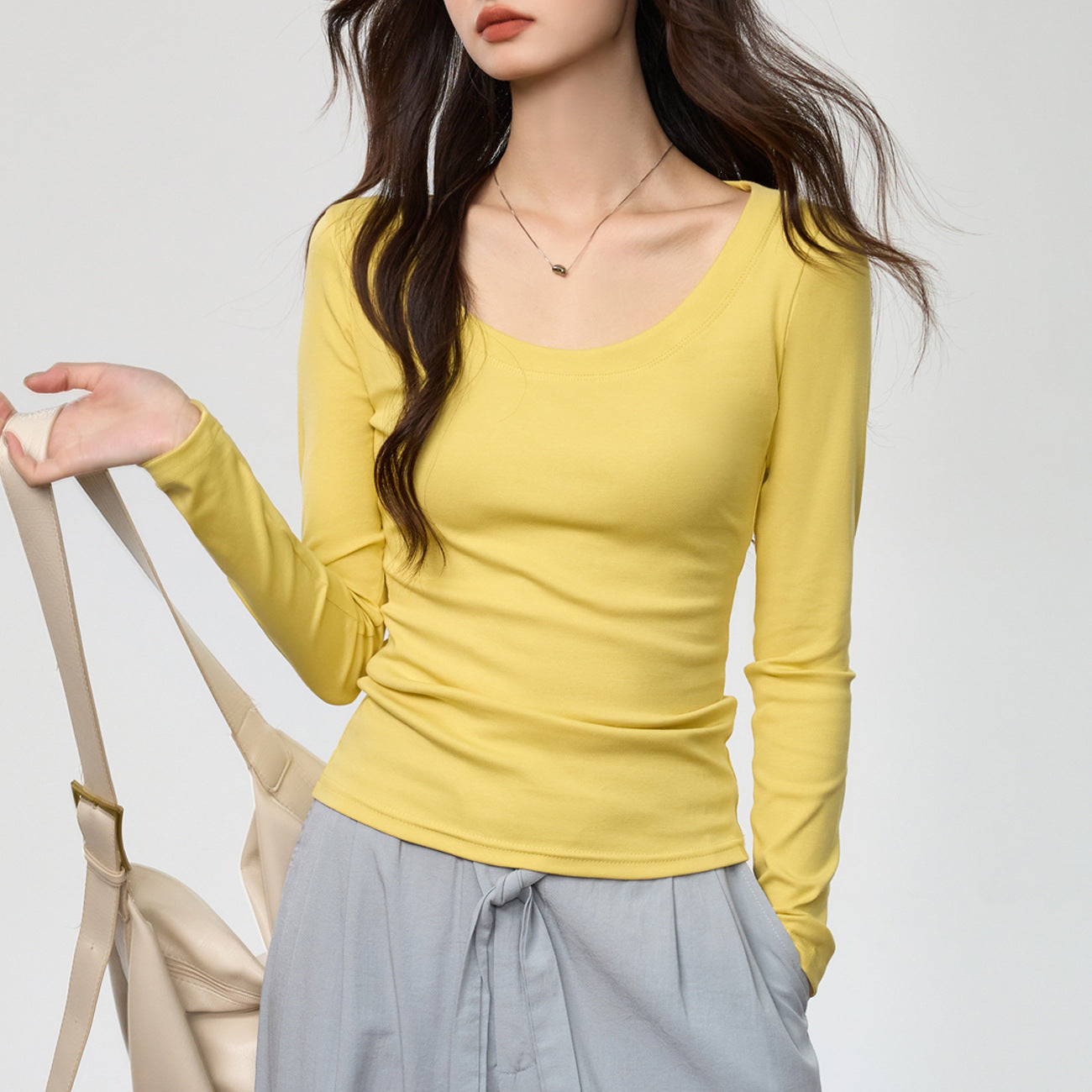 Combed pure cotton bottoming shirt women's autumn new foreign style U-neck long-sleeved t-shirt slim-fitting versatile simple solid color inner top