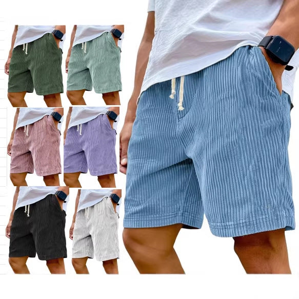 2025 European and American cross-border Amazon new men's retro embroidered logo corduroy fashion lace-up casual shorts