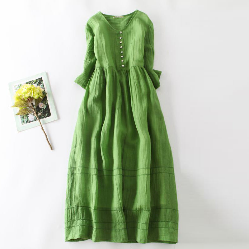 Real shot 2024 summer new literary loose splicing solid color cotton and linen round neck five-quarter sleeve dress women's medium and long