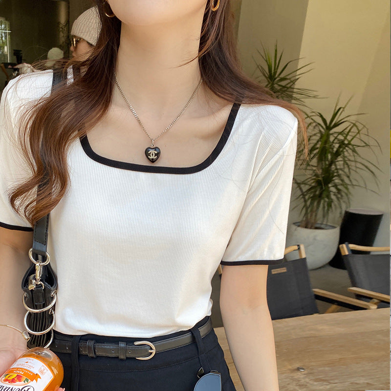 Selection of high elastic threaded cotton square neck short-sleeved t-shirt for women's 2026 summer new front shoulder versatile bottom top