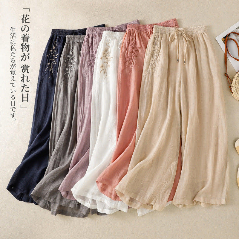 Real shot double-layer wide-leg pants women's 2025 summer new elastic waist loose lace-up casual elegant trousers skirt pants trousers trousers