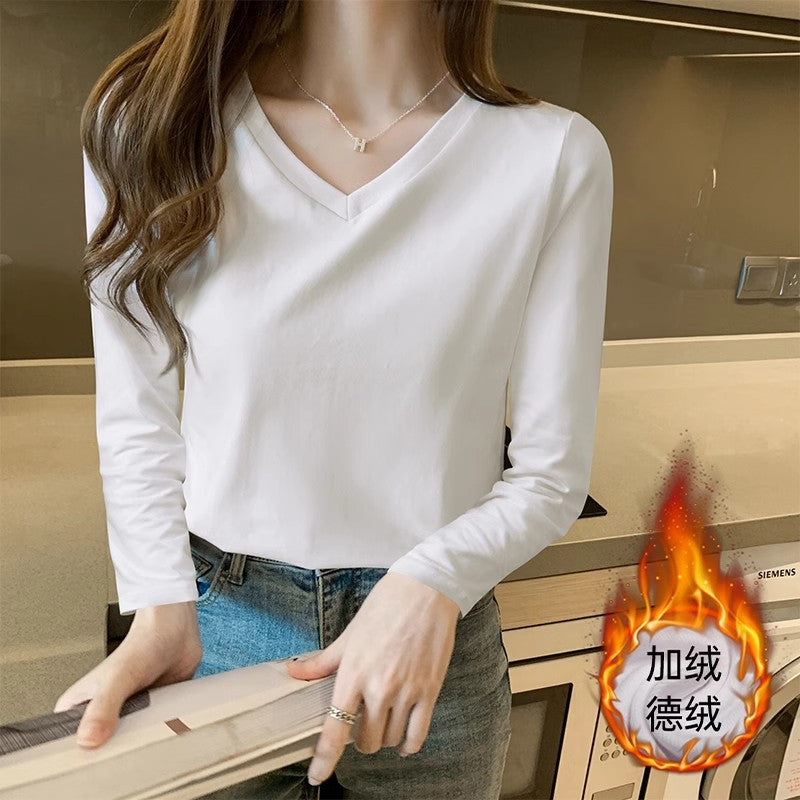 Double-sided German velvet white bottoming shirt for women's inner wear, autumn and winter velvet V-neck long-sleeved t-shirt sweater, loose thickened top