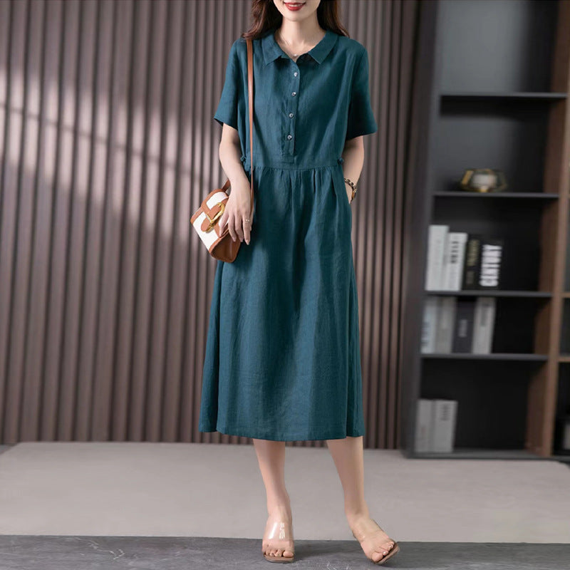 2024 summer new literary loose splicing solid color cotton and linen lapel short-sleeved dress women's medium and long #6536