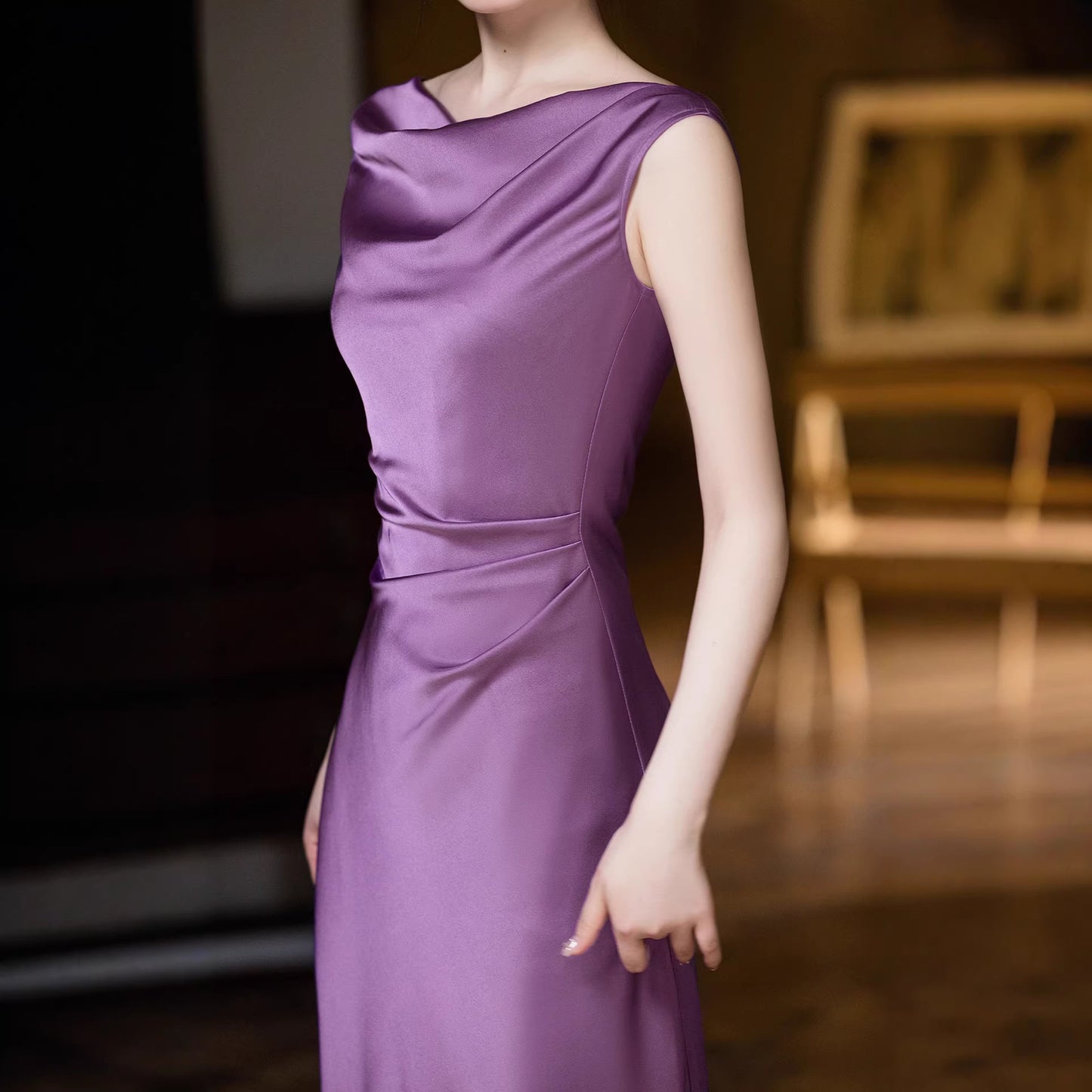 Haute couture French swing collar high sense design sense satin acetate seaside vacation wedding party dress dress women