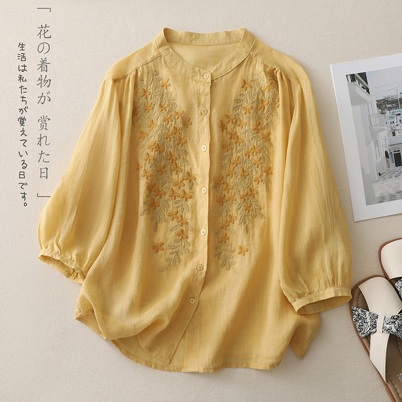 Real shot 2025 summer new cotton and linen ethnic style embroidered shirt single-breasted cardigan top women