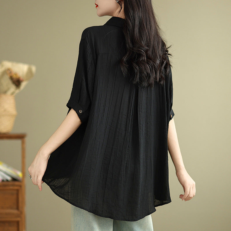 Real shot 2025 summer new literary loose solid color lapel short-sleeved shirt women's shirt top #5969