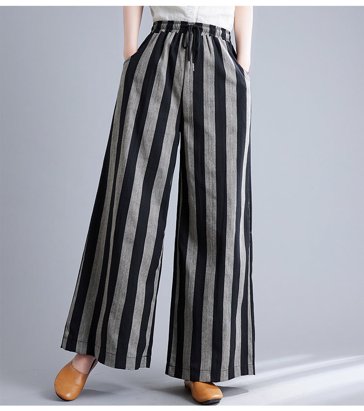 Real shot 2025 spring new retro literary loose striped elastic waist wide leg pants casual trousers women 8247