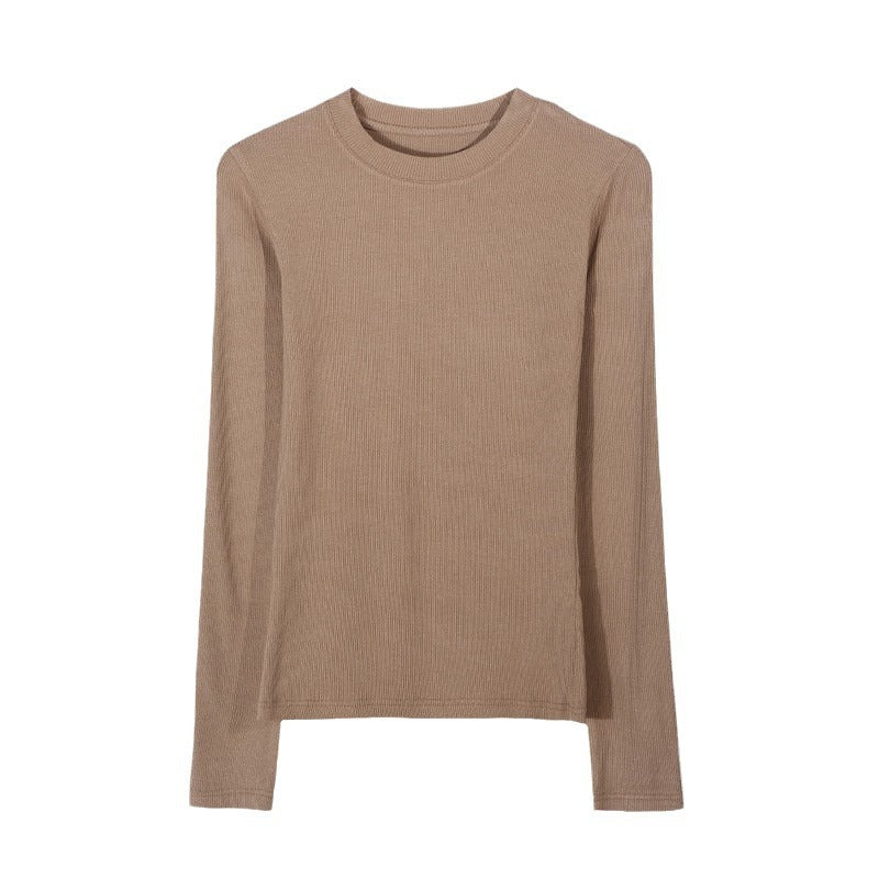 高弹细螺纹棉圆领长袖打底衫女2026秋冬新款T恤上衣内搭正肩秋衣