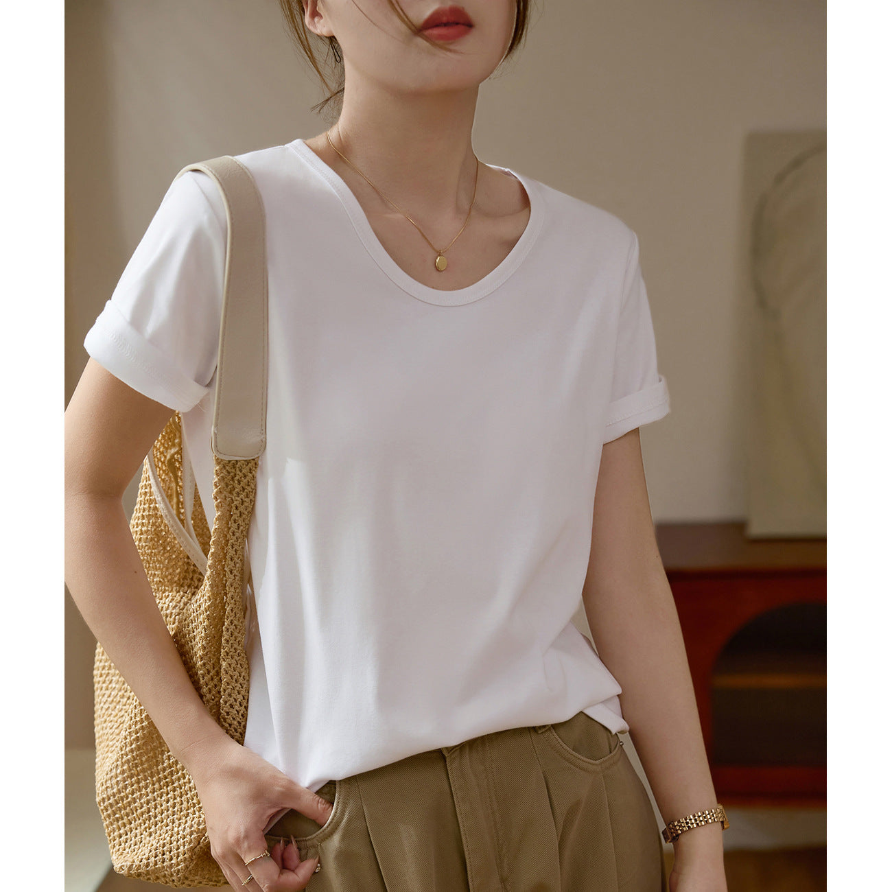 [Quality and good materials] Large round neck pure cotton T-shirt women's summer wear 2026 new short-sleeved loose and versatile bottoming top
