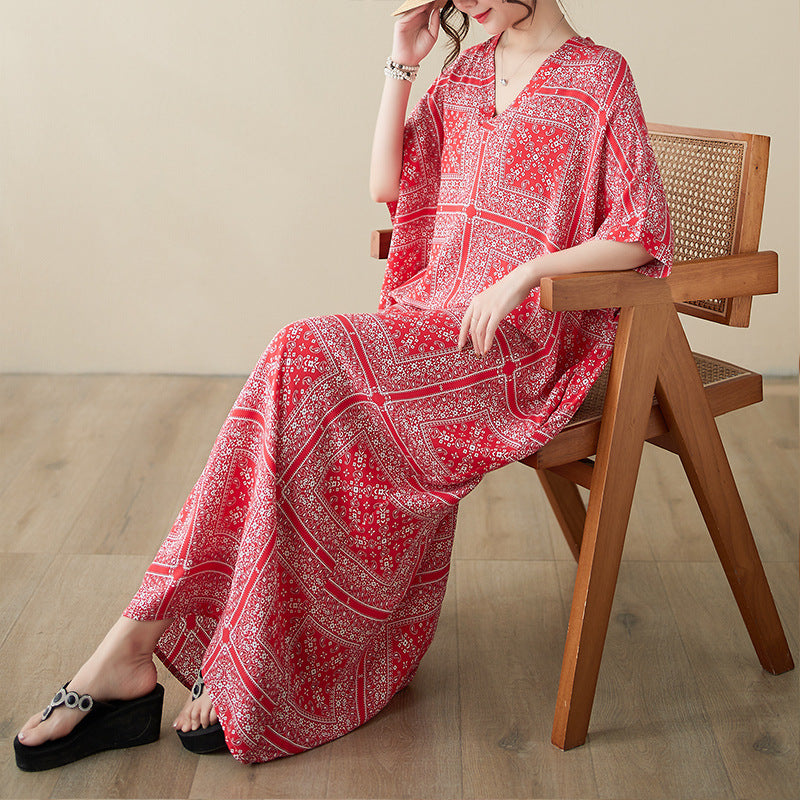 Real shot 20224 spring and summer V-neck thin cotton and linen large size loose literary holiday wind beach skirt retro long robe