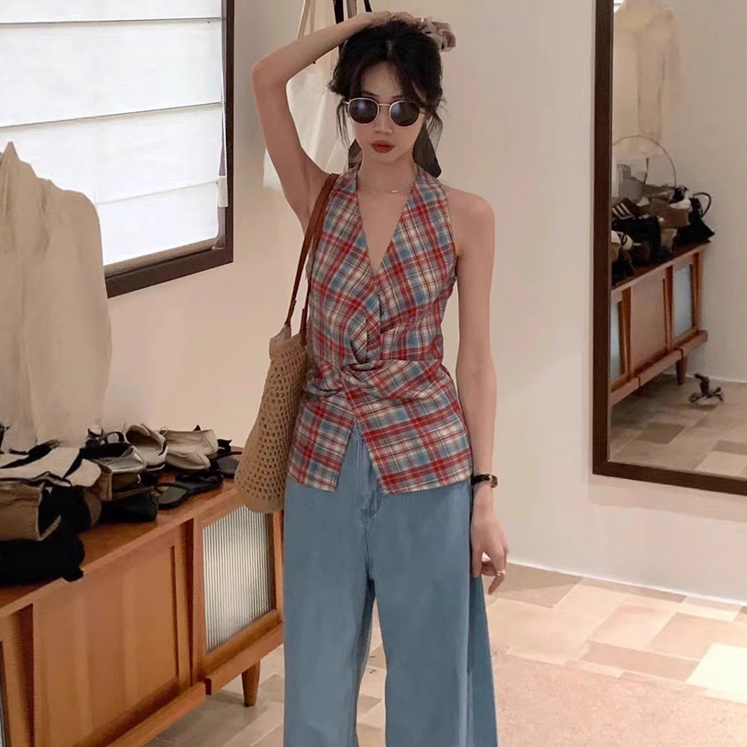 Korean plaid kink sleeveless halterneck vest women's 2025 summer new versatile V-neck waist top
